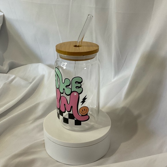 14 Ounce Handmade Clear Glass Can Cup, Bamboo Lid & Straw, Lake Bum - Picture 4 of 5